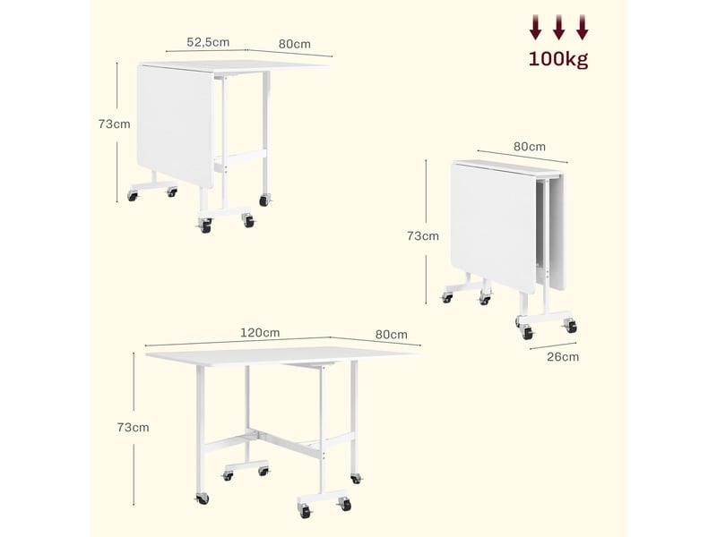  Table de salle à manger pliante pour 4 à 6 personnes avec roulettes et rallonges rabattables, table de cuisine pliante 120 x 80 x 73 cm, blanche  - Conforama E