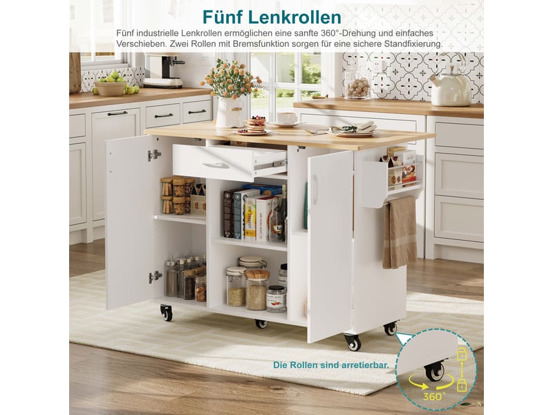  Îlot de cuisine mobile avec plateau rabattable, tiroir et placards - lpospi - 5 roulettes avec freins, mdf blanc-naturel, 136,5 × 67,5 × 92,8 cm  - Conforama E