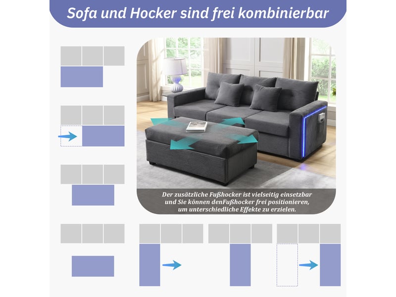  Canapé 3 places avec pouf modulable gris antique éclairage led  - Conforama E