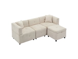 Canapé d’angle 3 places en l avec pouf coffre amovible, 2 coussins, revêtement chenille, pour salon et bureau - beige