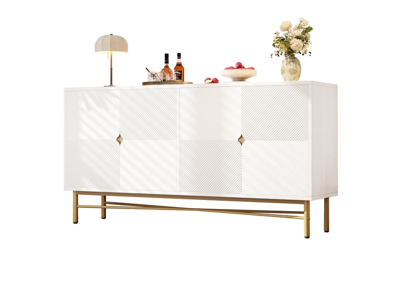 Buffet avec texture surélevée 160cm, armoire à quatre portes, poignées dorées brossées et pieds de table brillants, blanc, 160×40×82 cm - Conforama A