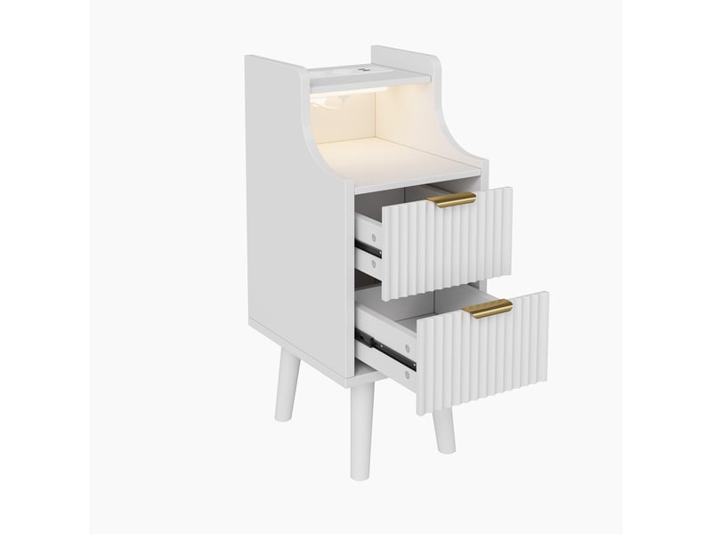  Lot de 2 tables de chevet,avec prises et ports usb et bande led 3 couleurs,meuble de nuit étroit design ondulé avec 2 tiroirs et niche ouverte,blanc  - Conforama D