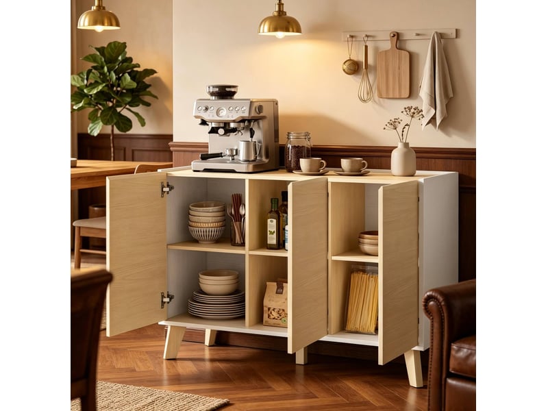  Buffet 3 portes et 6 espaces de rangement, 120 cm, finition bois naturel et blanc  - Conforama B