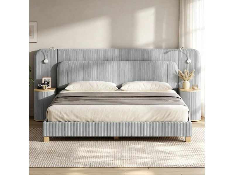  Lit double 180 × 200 cm, grand tête de lit rembourrée en velours côtelé, avec lampes de chevet et deux tables de chevet, couleur gris  - Conforama D