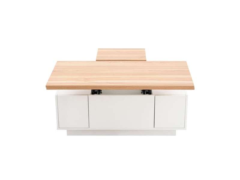 Table basse 100x50x55cm, table de salon avec levage double, espace de rangement caché, 2 portes, aggloméré, blanc+couleur bois - Conforama R