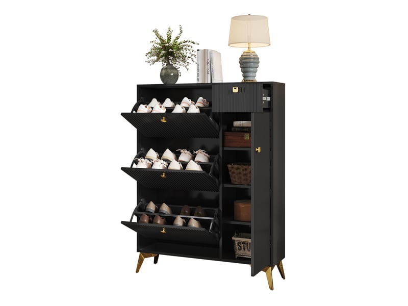  Meuble à chaussures 90x25x121 cm, rangement multifonction, panneaux de particules, mdf et métal noir  - Conforama A