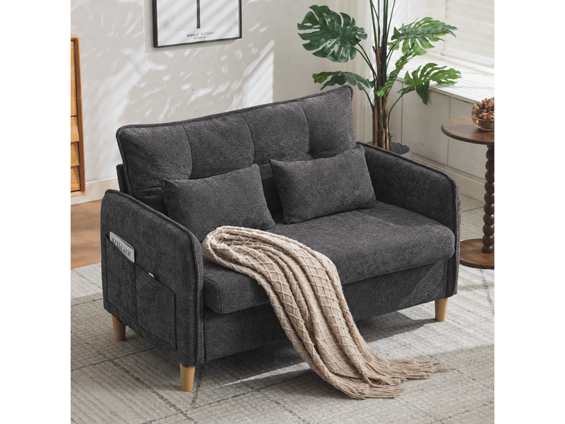  Canapé droit 2 places avec poches latérales et dossier ergonomique  - accoudoirs, chenille gris foncé  - Conforama B