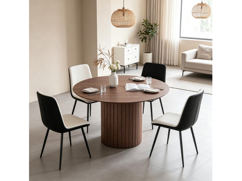  Table à manger ronde 120 cm en bois, pied central cylindrique marron foncé  - Conforama B