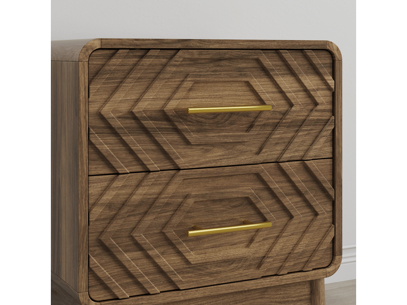 Table de chevet - 48 x 38 x 56 cm - effet noyer - table de nuit design sculpté 3d avec 2 tiroirs et pieds en bois - Conforama E