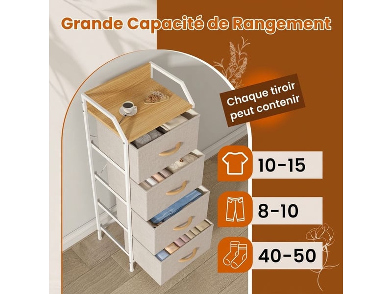 Commode haute quatre tiroirs tissu meuble rangement 98 cm blanc beige - Conforama C