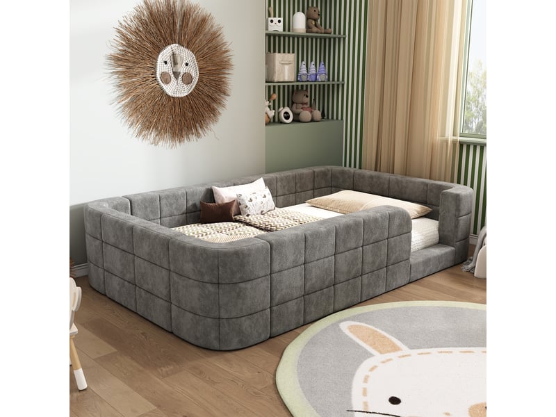  Lit enfant au sol 90x190 cm, rembourré en chenille, avec entourage rembourré et accès bas, avec sommier à lattes inclus, matelas non inclus, gris Luxe haut de gamme - Conforama W