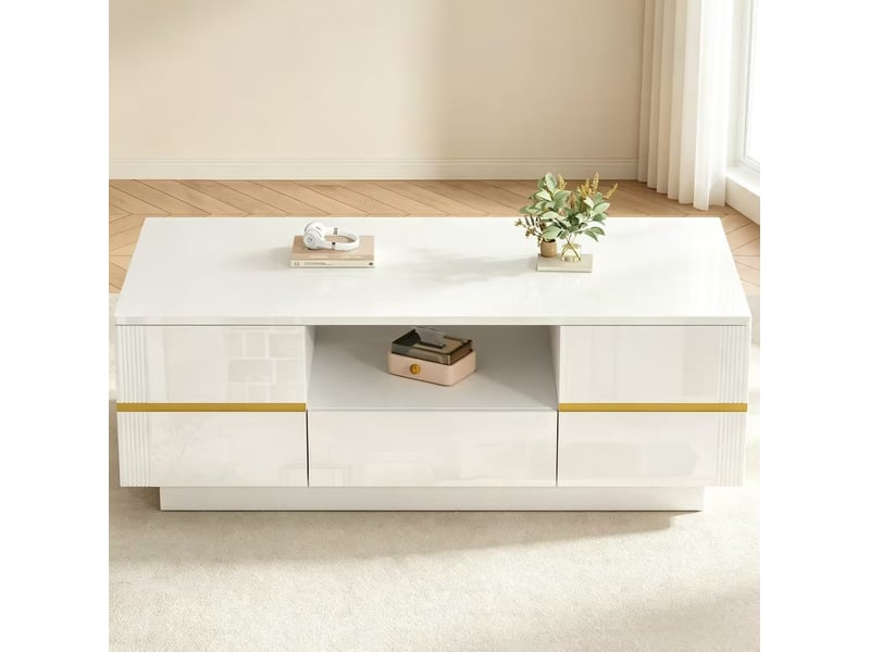  Table basse led 100x50x35,5 cm – blanc et accents dorés – 2 portes, tiroir et rangement ouvert moderne  - Conforama B