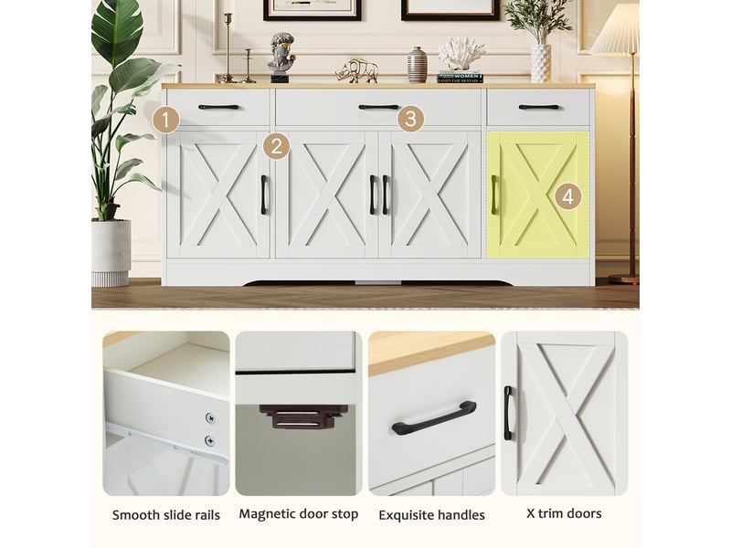 Buffet étroit 160x37x75 cm, meuble de rangement salon avec 3 tiroirs profonds et 4 portes pour petits espaces - Conforama D