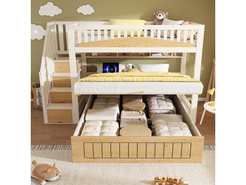 Lit superposé familial 90x200140x200 cm blancnaturel, coffre hydraulique, escalier rangement, usb-c, garde-corps - Conforama B