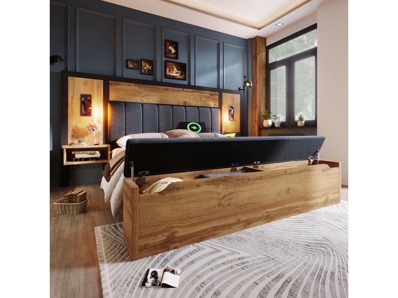  Lit rembourré 180x200 cm avec liseuses et chevets, lit double avec banc coffre, usb-c, sommier à lattes, sans matelas, métal, bois, lin, coloris chêne OPULERANE TRADING LTD - Conforama B