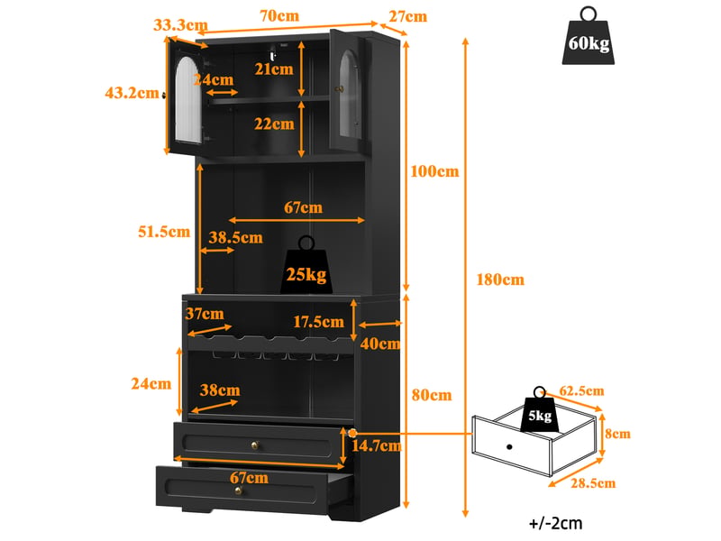 Colonne de cuisine led avec portes vitrées, étagères réglables et range-bouteilles, en noir, 70 × 40 × 180 cm - Conforama D