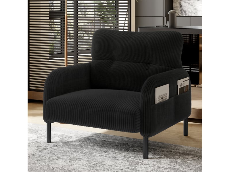  Fauteuil profond 67x75x79 cm accoudoirs avec poche tissu velours côtelé structure métallique solide design épuré noir  - Conforama B