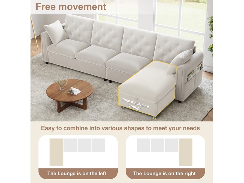 Canapé d’angle convertible réversible 4 places 281x132x86 cm, rangement latéral, polyester et tissu flanelle, beige - Conforama D