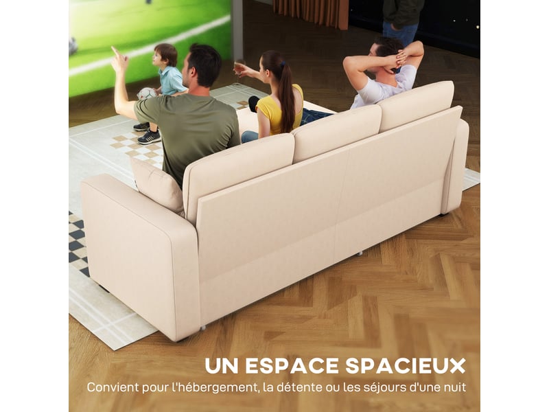  Canapé d'angle convertible en velours côtelé, canapé-lit 3 places avec rangement caché, coussins, beige, 205x135x76cm  - Conforama D
