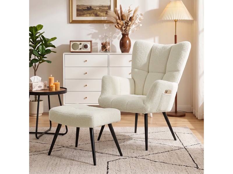  Fauteuil de salon avec repose-pied, fauteuil d'appoint capitonné en peluche teddy, dossier haut, poches latérales, beige  - Conforama D
