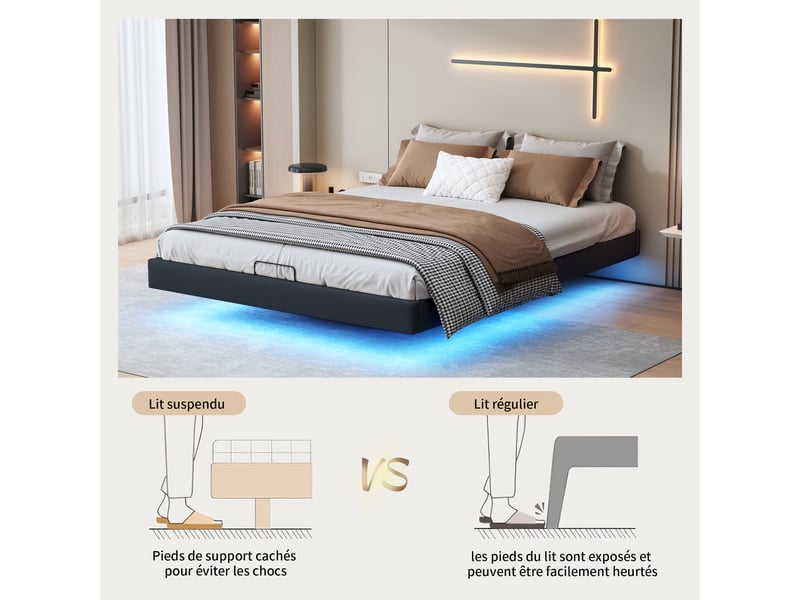 Lit flottant 160x200 cm avec led,lit double rembourré 160x200 cm ,lit de rangement,sommier à lattes,cadre de lit,pu,noir - Conforama W