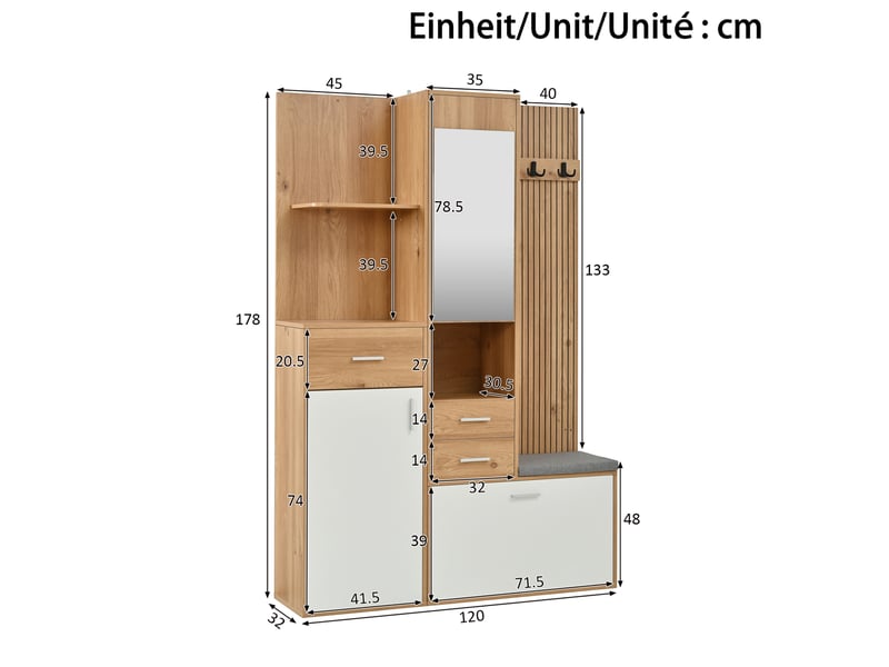  Meubles d'entrée avec miroir, banc, tiroirs, rangement à chaussures, led réglable et crochets 120 × 32 × 178 cm  - Conforama C