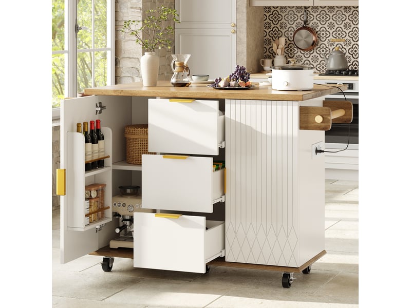  Chariot de cuisine avec plan de travail rabattable et prise électrique, îlot de cuisine mobile avec roulettes, finition bois-blanc, capacité maximale 70 kg  - Conforama E