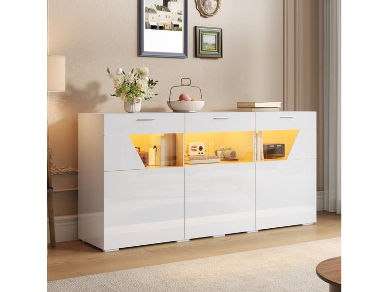  Buffet bas 160x38x78 cm blanc brillant, 3 portes vitrées avec led pilotée par application  - Conforama B