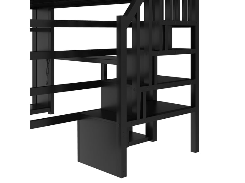 Lit mezzanine 140x200 cm bureau, led usb, armoire ouverte, escalier rangement, garde-corps, métal noir sans matelas  - Conforama E