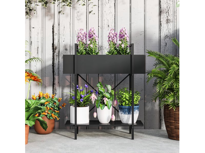 Support plantes 2 niveaux 60x25x70 cm – noir – métal avec drainage et rangement extérieur intérieur - Conforama B