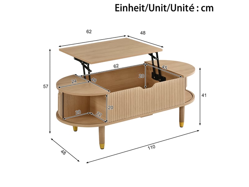  Table basse relevable, rangement intégré, porte coulissante rainurée, mdf, pieds en bois d’hévéa ABC - Conforama C