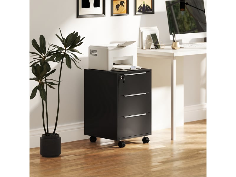  Caisson de bureau à roulettes avec 3 tiroirs et serrure, meuble rangement bureau sur roulettes, noir, 40 x 40 x 63,5 cm  - Conforama D