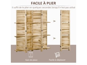 Paravent intérieur 4 panneaux 3 étagères pliables portes persiennes bois de paulownia aspect autoclave pin