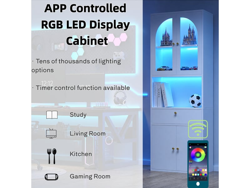  Vitrine led rgb 70x35x180 cm avec portes vitrées, bibliothèque et armoire de rangement avec tiroir, éclairage contrôlé par application - blanc  - Conforama D