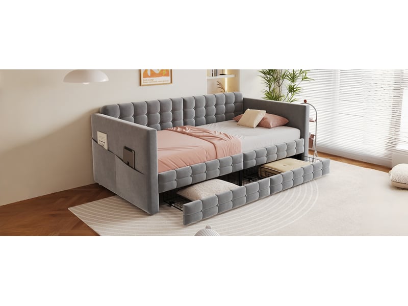  Canapé-lit 90x190 cm avec deux tiroirs, cadre de lit adulte avec compartiment de rangement, lit simple en velours, gris  - Conforama W