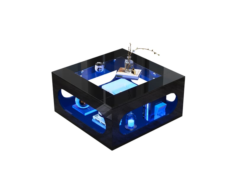  Table basse carrée 70x70x35 cm avec led, design évidé au milieu et plateau en verre, meuble de salon, mdf, noir  - Conforama A