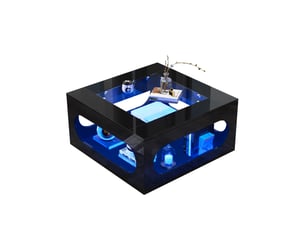 Table basse carrée 70x70x35 cm avec led, design évidé au milieu et plateau en verre, meuble de salon, mdf, noir