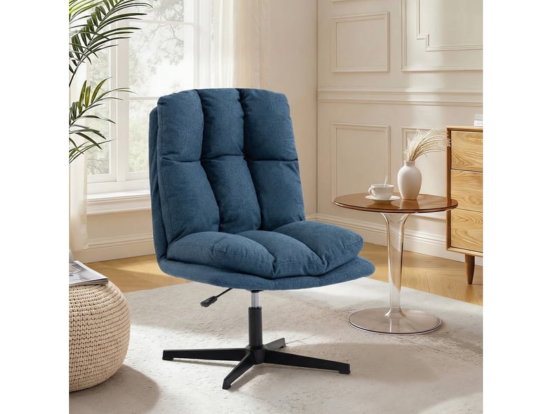  Fauteuil lounge pivotant à 360°, réglable en hauteur, large assise revêtue de lin, piètement en métal bleu foncé  - Conforama C
