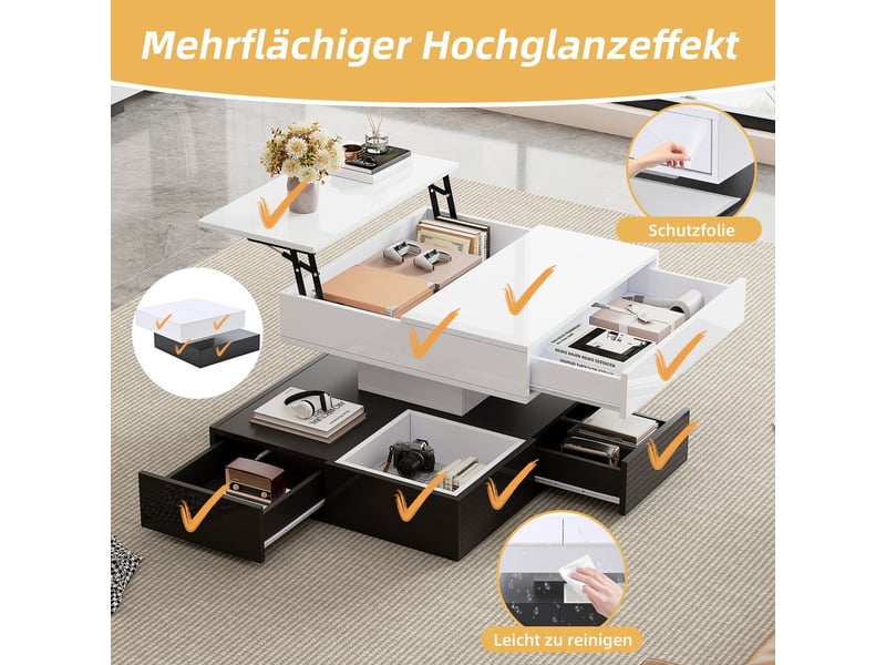  Table basse 70x70x40, finition laquée blanc noir table basse salon, plateau rotatif 360°, 3 tiroirs, rangement intégré, plateau relevable  - Conforama D