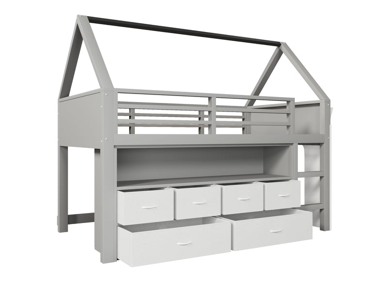  Lit mezzanine enfant 90x200 cm gris mdf et pin, 6 tiroirs tissu avec guirlande led et rideau latéral  - Conforama D