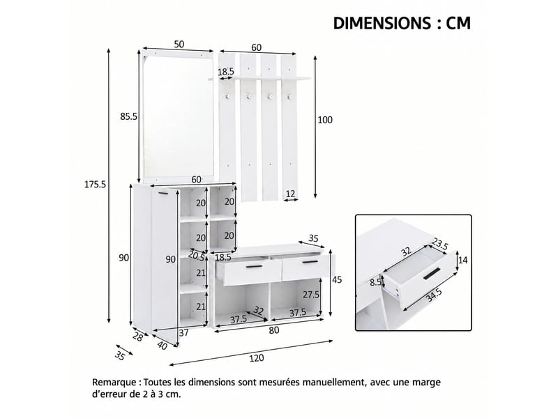  Vestiaire d’entrée avec meuble à chaussures, miroir, 2 tiroirs, 4 patères, 120 x 35 x 175,5 cm, blanc  - Conforama E