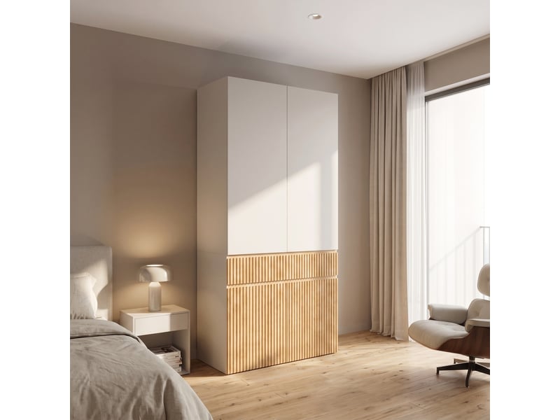 Armoire penderie 90 x 50 x 200 cm - 4 portes - 1 barre de penderie - 1 tiroir - meuble de chambre moderne - gris clair et naturel - Conforama C