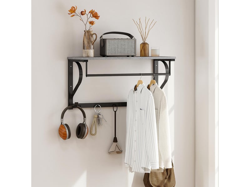  Porte-manteau mural avec étagère et 5 crochets métal gris 70x25x35,4 cm  - Conforama B