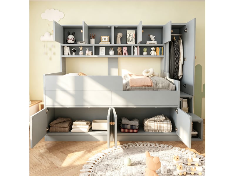  Lit enfant 90 × 200 cm avec rangements, escalier à compartiments, armoire, led et garde-corps gris, chambre  - Conforama E