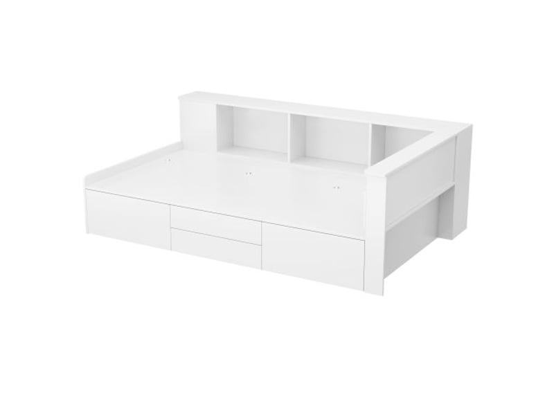 Lit enfant 90x200 cm, lit simple avec tiroirs, bibliothèque et rangement, avec coffre de rangement, sans matelas, blanc - Conforama E