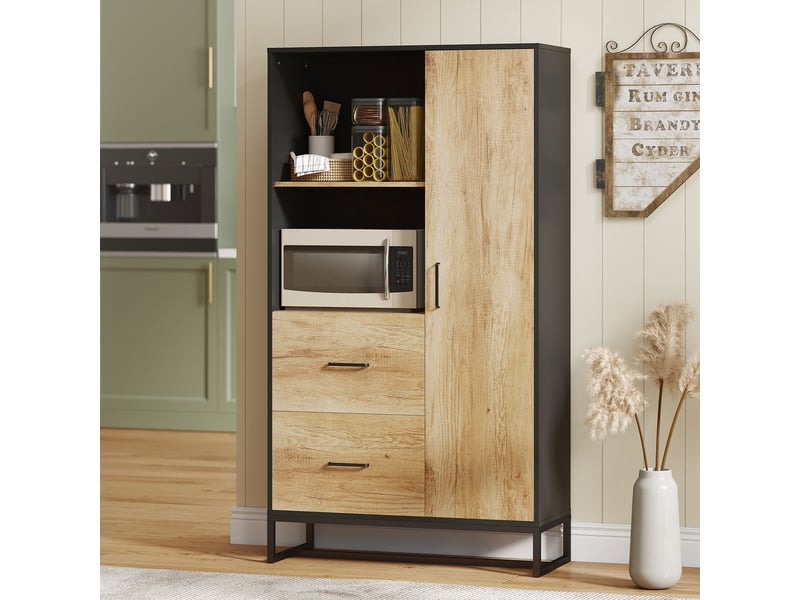  Buffet de cuisine moderne avec 2 tiroirs, 2 étagères et un placard, 88 x 35 x 160 cm, bois et noir  - Conforama C