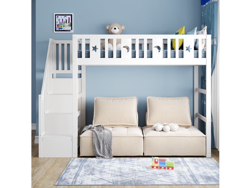  Lit mezzanine enfant 90x200 cm – blanc – escalier, étagères et espace de jeu intégré - sans matelas  - Conforama B