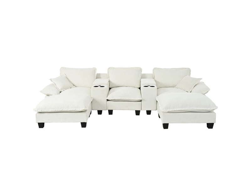  Canapé panoramique en u avec usb, rangement et porte-gobelets - chenille beige 323 × 151 × 90 cm  - Conforama A