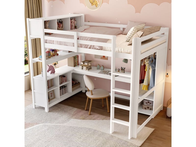 Lit mezzanine 140x200cm bureau armoire étagères rangement - lit double - structure en pin massif blanc échelle barrières de sécurité  - Conforama B