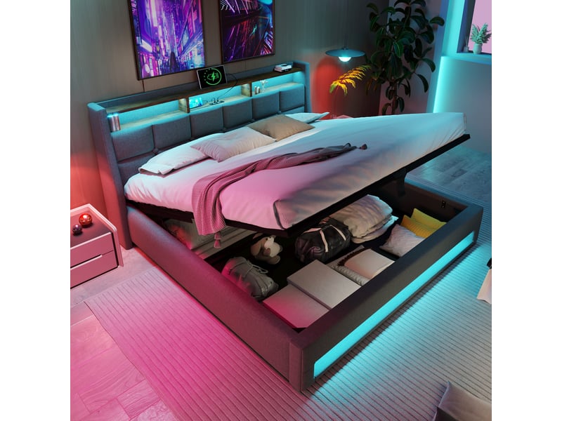  Lit adulte 160x200 cm 2 places avec usb, led, tête de lit avec rangement, sommier et lit coffre, revêtement lin gris, matelas inclus  - Conforama D